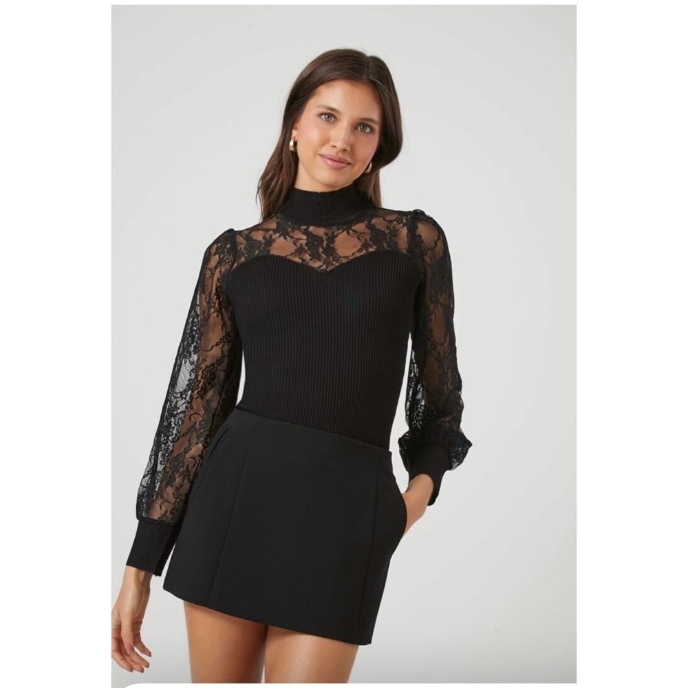 Forever 21 black sweater knit and sheer floral lace combo top S